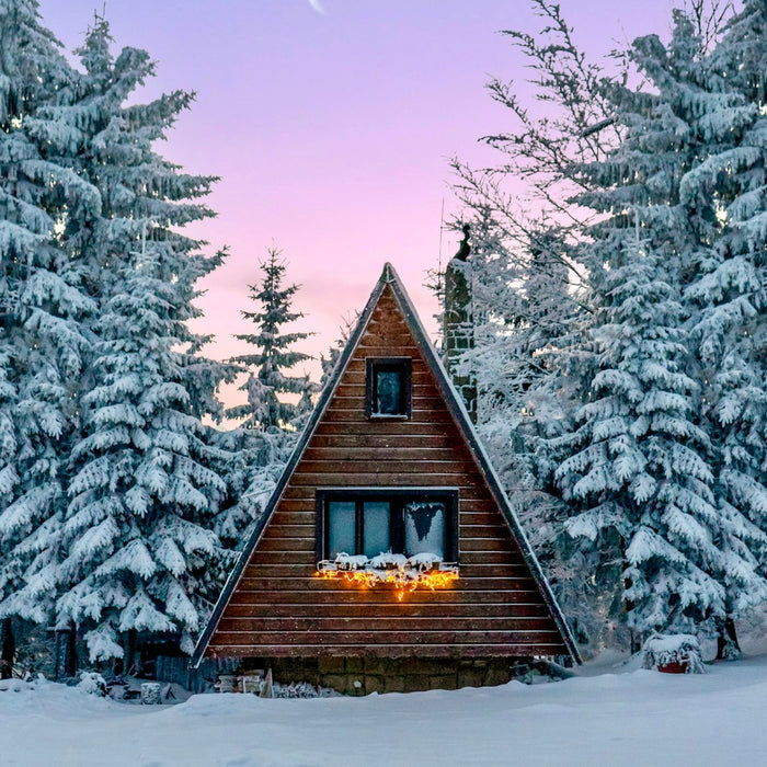 Small cabin in a snowy forest in winter