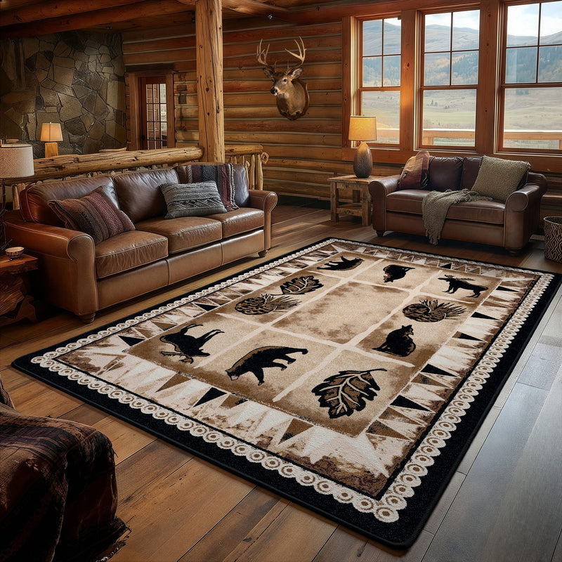 A large rectangular area rug with a rustic lodge-style design featuring bear silhouettes, pinecone motifs, and a scalloped border, shown in a log cabin living room with sofas and wood floors.