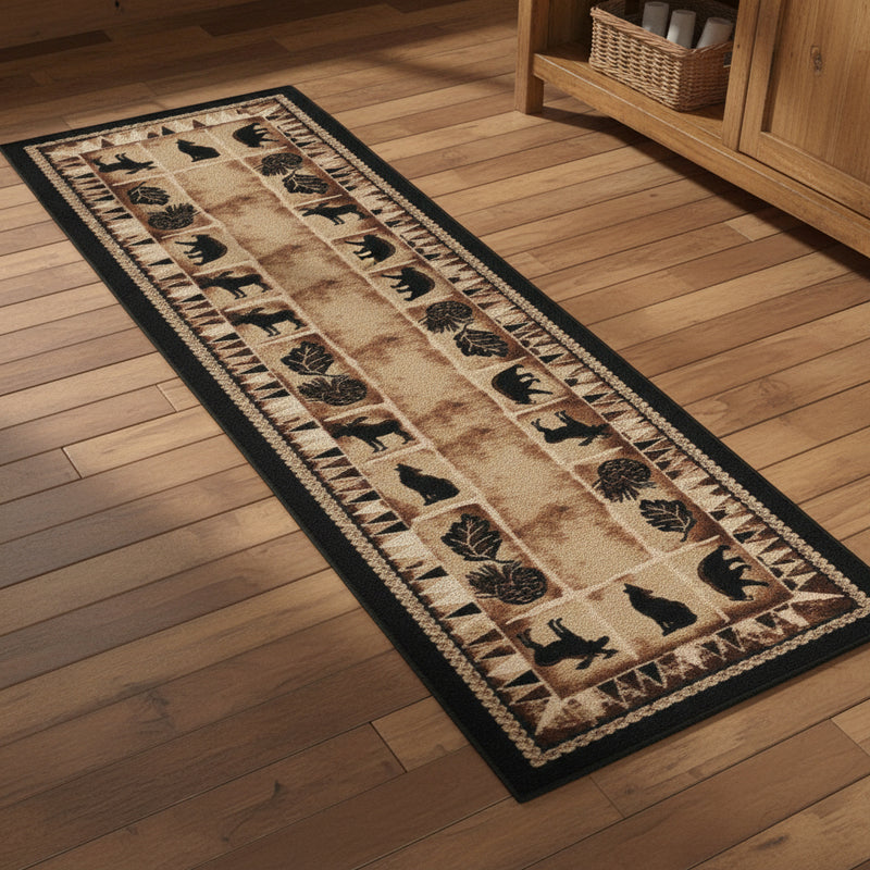 A long rectangular area rug with a rustic western-style design, featuring black silhouettes of deer, bears, and moose on a tan and brown background with a black border.