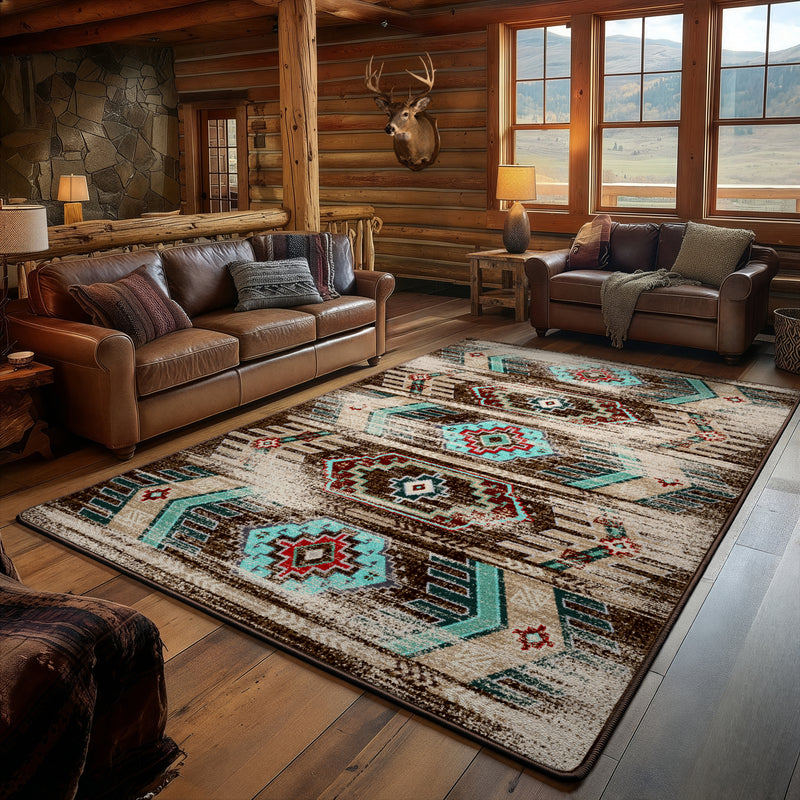 Santa Fe distressed turquoise Southwestern area rug on hardwood floor in a rustic log cabin living room with leather sofas and mountain view windows