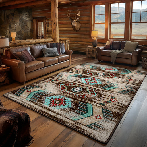 Santa Fe distressed turquoise Southwestern area rug on hardwood floor in a rustic log cabin living room with leather sofas and mountain view windows
