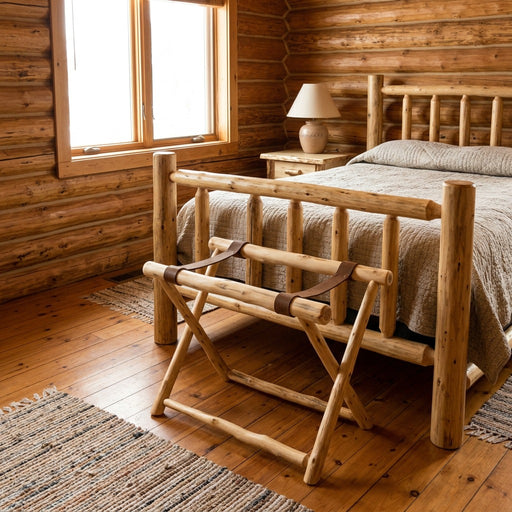 Almagre Mountain Cedar Log Luggage Rack staged in a sunlit log cabin bedroom