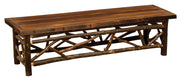 Angled view of the Andrews Peak Barnwood and Hickory Twig Dining Bench showing the barnwood seat and twig base