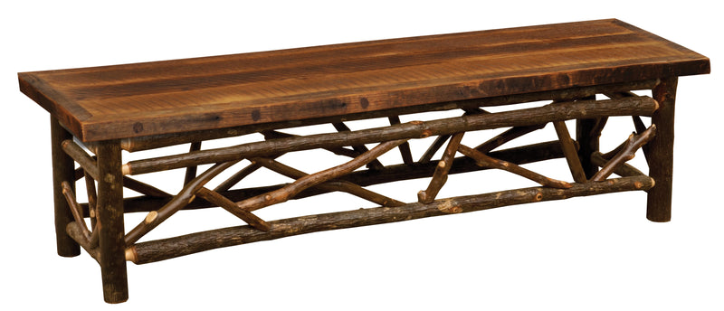 Angled view of the Andrews Peak Barnwood and Hickory Twig Dining Bench showing the barnwood seat and twig base