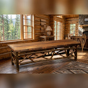 Andrews Peak Barnwood and Hickory Twig Dining Bench in a daylit log cabin dining room