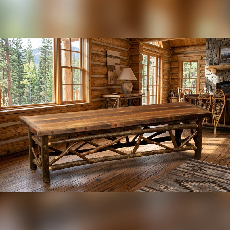 Andrews Peak Barnwood and Hickory Twig Dining Bench in a daylit log cabin dining room