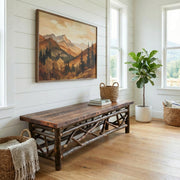 Andrews Peak Barnwood and Hickory Twig Dining Bench at a dining table in a bright room