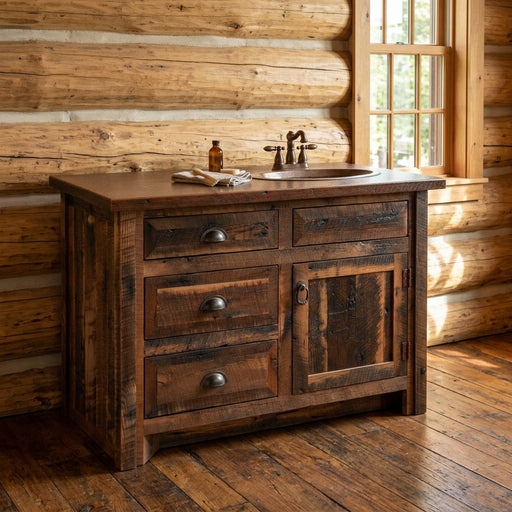 Antora Peak Reclaimed Barnwood Vanity staged in a sunlit log cabin bathroom