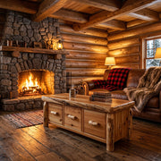 Apache Peak cedar log three drawer coffee table staged by a stone fireplace in a log cabin living room