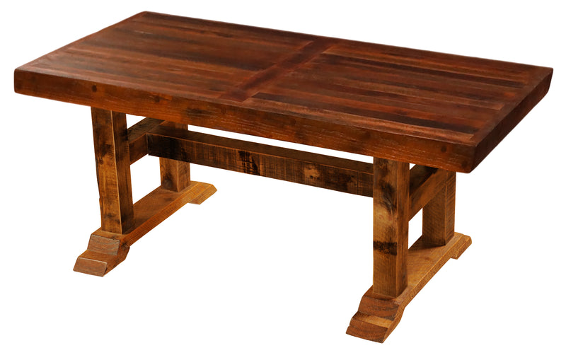 Angled view of the Arapaho Peak Reclaimed Barnwood Timbers Dining Table with the Artisan Top