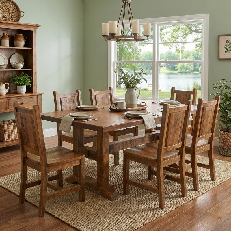 Arapaho Peak Reclaimed Barnwood Timbers Dining Table with an Antique Oak Top in a farmhouse dining room