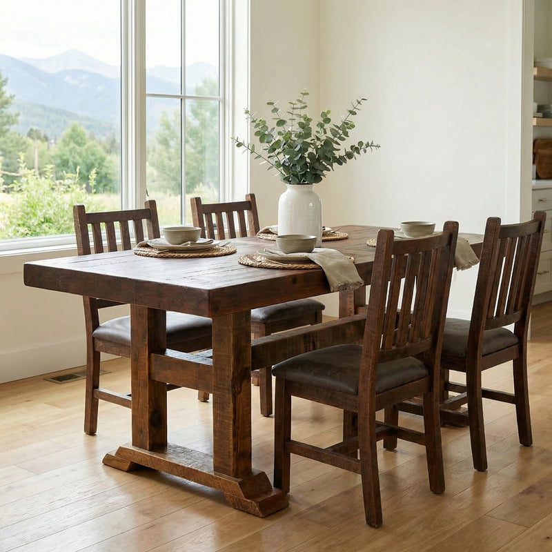 Arapaho Peak Reclaimed Barnwood Timbers Dining Table with an Artisan Top in a bright dining room