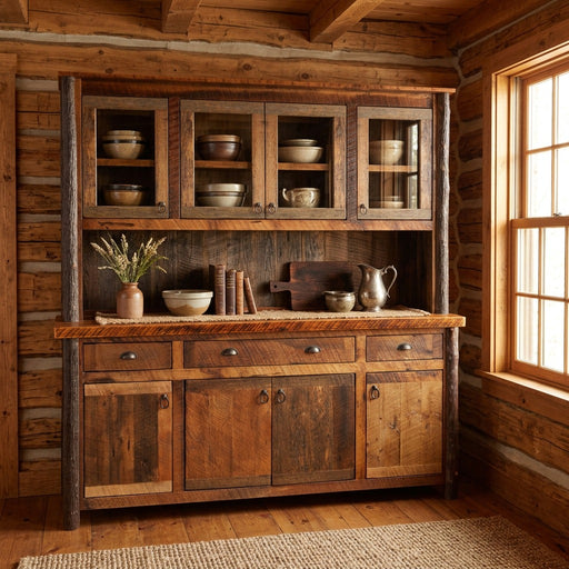 Argentine Peak Barnwood and Hickory Long Buffet and Hutch staged in a sunlit log cabin dining room
