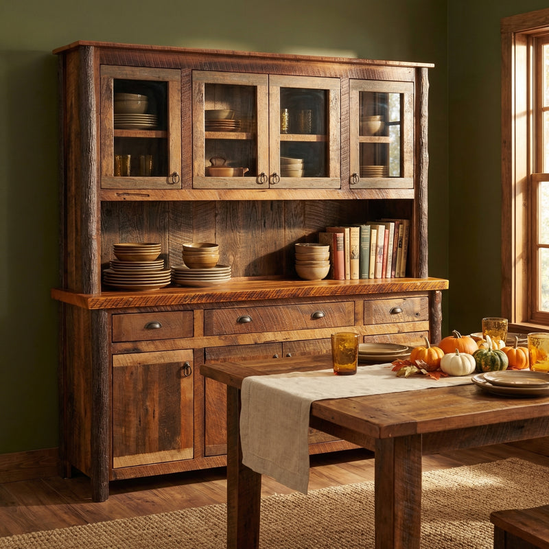 Argentine Peak Barnwood and Hickory Long Buffet and Hutch in a bright cabin dining room