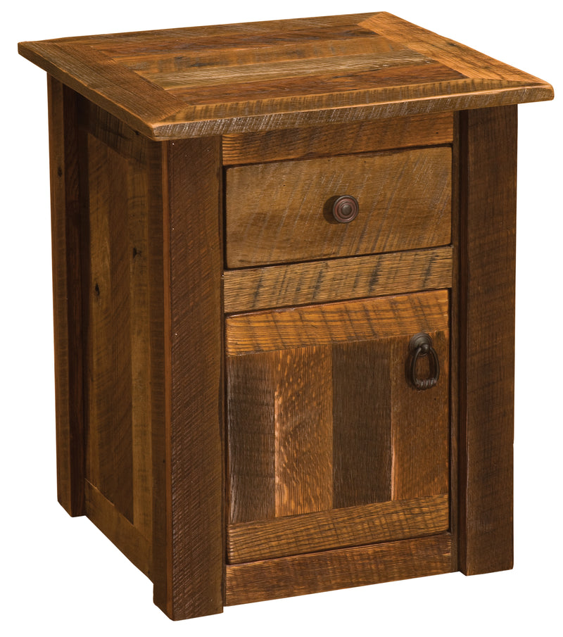 Angled view of the Arikaree Peak Reclaimed Barnwood Enclosed End Table showing the drawer and cabinet door