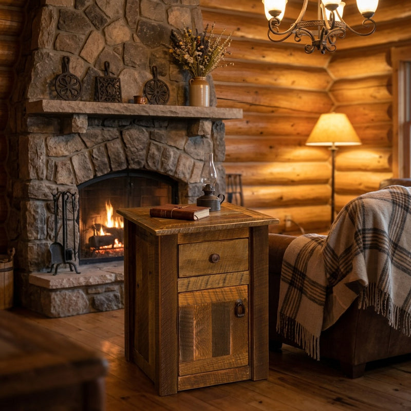 Arikaree Peak reclaimed barnwood enclosed end table staged beside a plaid sofa in a log cabin living room