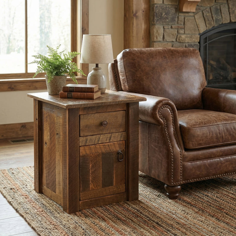 Arikaree Peak Reclaimed Barnwood Enclosed End Table beside a leather armchair with a potted plant on top