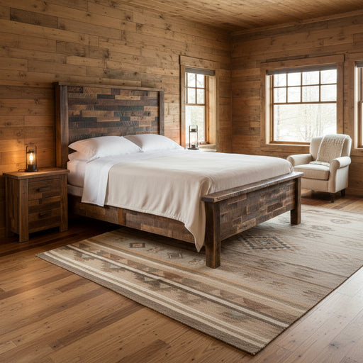 Aspen Reclaimed Barnwood Bed in a rustic mountain cabin bedroom with warm wood walls and neutral lodge decor