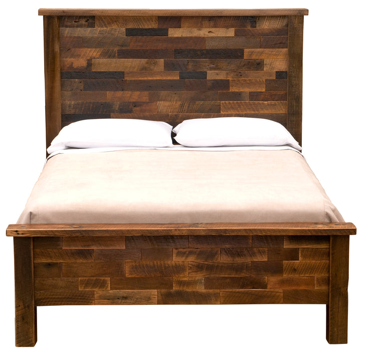 Front view of the Aspen Reclaimed Barnwood Bed with paneled headboard and footboard