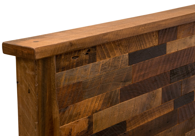 Close-up of the Aspen Reclaimed Barnwood Bed headboard showing natural wood grain and texture