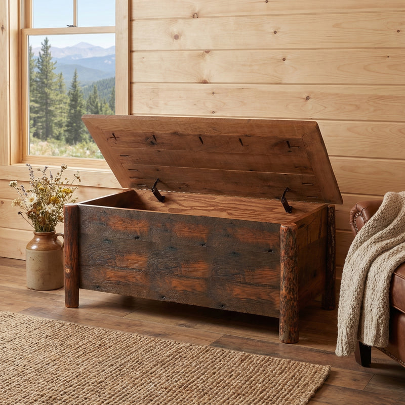 Atlantic Peak Barnwood Blanket Chest with the lid open at the foot of a bed in a pine-walled bedroom