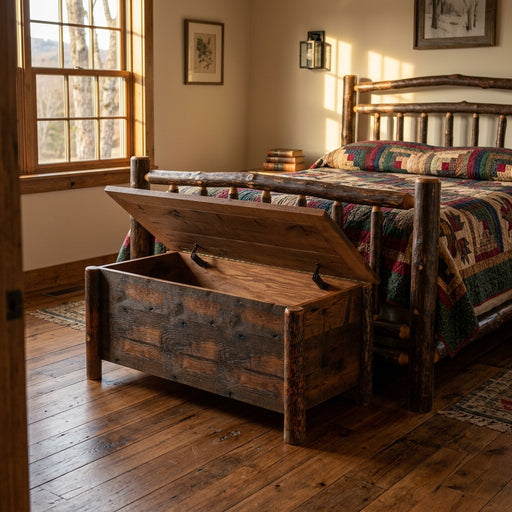 Atlantic Peak Barnwood Blanket Chest with its lid open at the foot of a log bed in a sunlit farmhouse bedroom