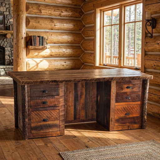 Augusta Mountain Barnwood and Hickory Executive Desk staged in a sunlit log cabin home office