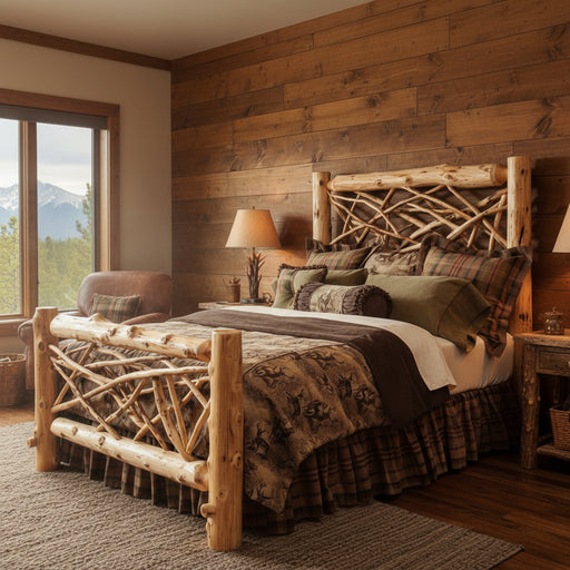 Backcountry cedar twig bed styled in a rustic cabin bedroom with natural bedding and lodge-inspired decor
