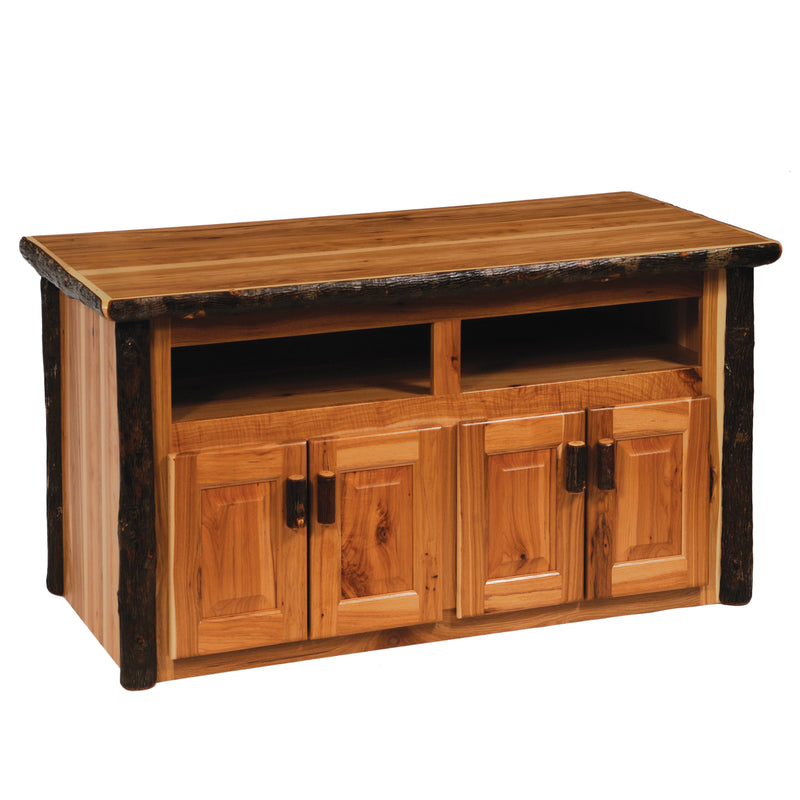 Angled view of the Baker Mountain Hickory Log Widescreen TV Stand in Natural showing the cubbies and cabinets
