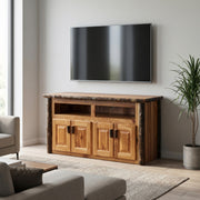 Baker Mountain Hickory Log Widescreen TV Stand in Natural holding a TV in a bright living room