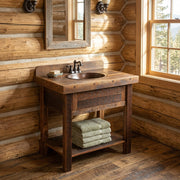 Bald Eagle Mountain Reclaimed Barnwood Open Vanity with Artisan Top staged in a sunlit log cabin bathroom