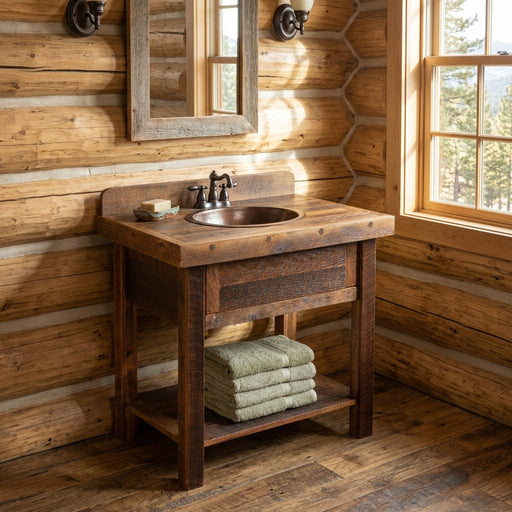 Bald Eagle Mountain Reclaimed Barnwood Open Vanity with Artisan Top staged in a sunlit log cabin bathroom