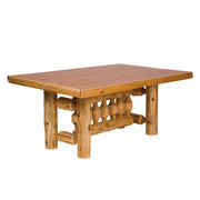 Angled view of the Bald Mountain Cedar Log Rectangle Dining Table showing the live-edge top and log base