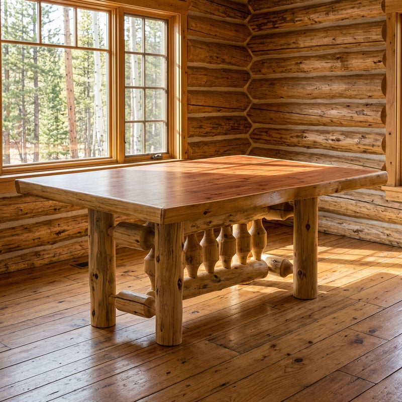 Bald Mountain Cedar Log Rectangle Dining Table staged in a sunlit log cabin dining room