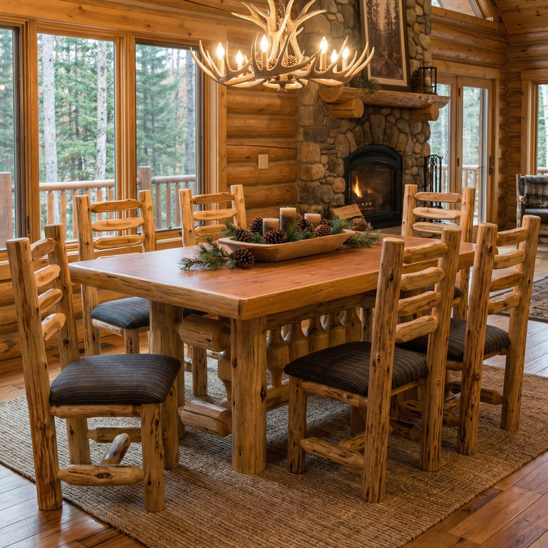 Bald Mountain Cedar Log Rectangle Dining Table set for dinner in a cabin dining room
