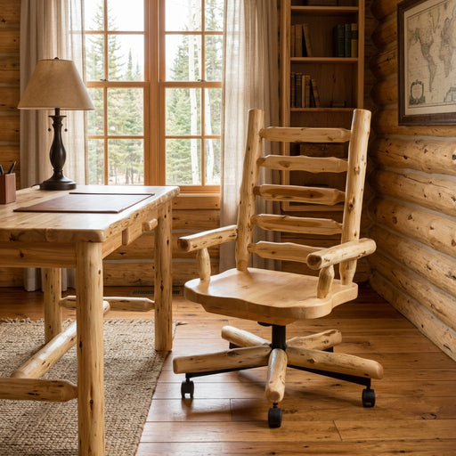 Bandit Peak Cedar Log Executive Desk Chair staged in a sunlit log cabin home office