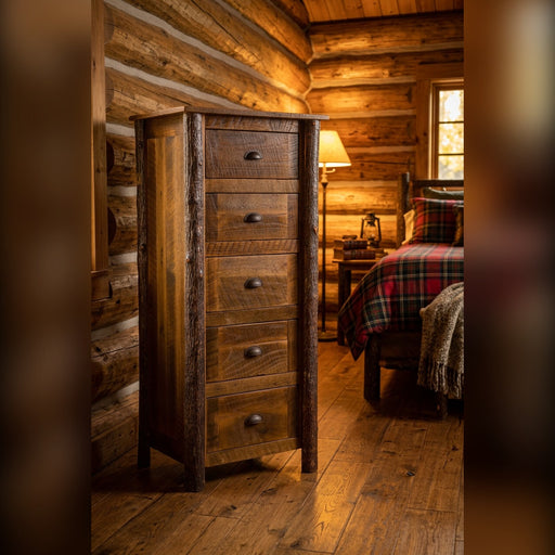 Bard Peak Barnwood and Hickory Lingerie Chest in a warm log cabin bedroom beside a plaid-covered bed