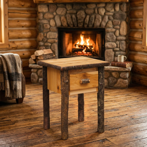 Battle Mountain Hickory Log One Drawer End Table beside a stone fireplace in a log cabin living room
