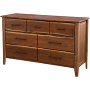 Angled view of the Beckwith Mountain Live Edge Walnut Seven Drawer Dresser
