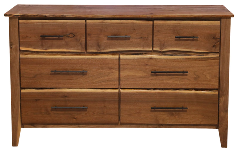 Front view of the Beckwith Mountain Live Edge Walnut Seven Drawer Dresser