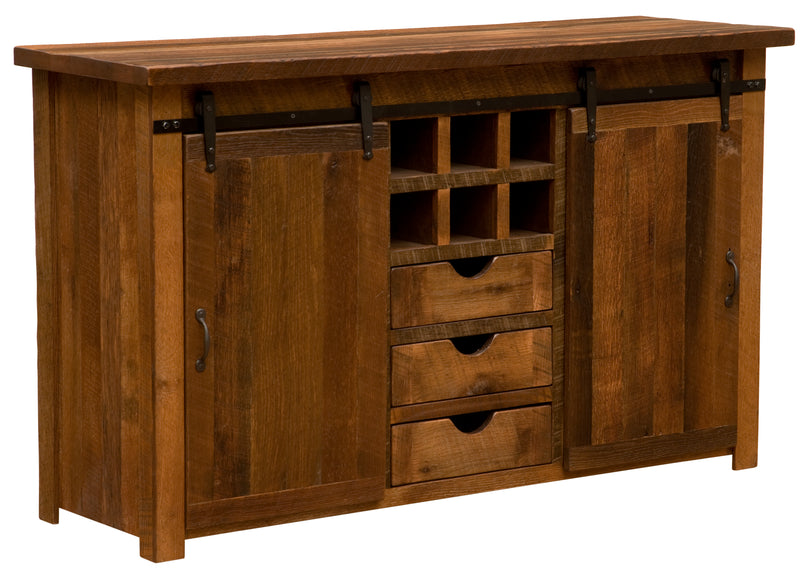 Angled view of the Bergen Peak Reclaimed Barnwood Sliding Door Sideboard showing sliding doors and wine cubbies