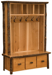 Angled view of the Big Agnes Mountain Hickory Log Entry Locker in Natural showing cubbies, hooks, and drawers