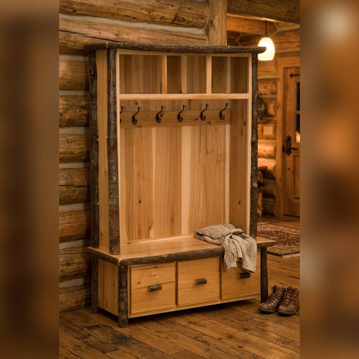 Big Agnes Mountain Hickory Log Entry Locker in a rustic log cabin entryway