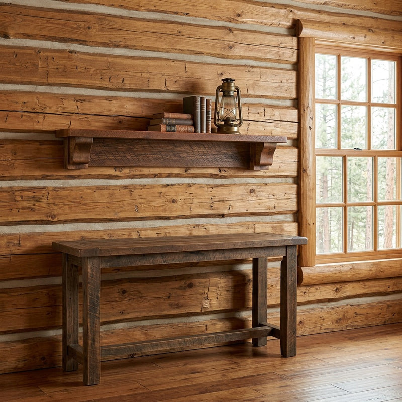 Bighorn Mountain Reclaimed Barnwood Wall Shelf staged in a sunlit log cabin living room