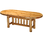 Angled view of the Bills Peak Cedar Log Oval Dining Table showing the oval top and log base