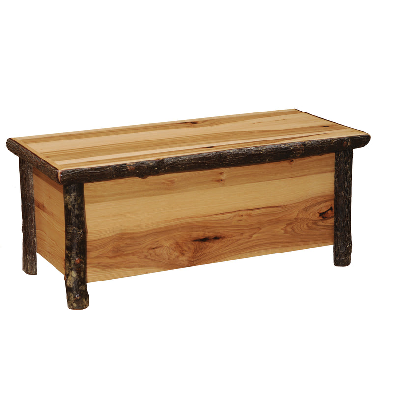 Angled view of the Bison Peak Hickory Log Blanket Chest in Natural showing bark-on hickory corner posts
