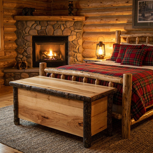 Bison Peak Hickory Log Blanket Chest at the foot of a log bed in a cabin bedroom with a stone fireplace