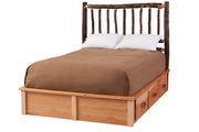 Angled view of the Black Mountain Hickory Log Platform Bed Underbed Dresser shown under a platform bed
