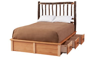 Black Mountain Hickory Log Platform Bed Underbed Dresser with drawers open under a platform bed