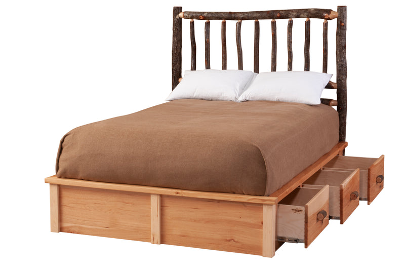 Black Mountain Hickory Log Platform Bed Underbed Dresser with drawers open under a platform bed